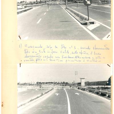 Riproduzione di una pagina di un rapporto d'incidente con due foto che riprendono la Nuova Circonvallazione all'altezza di via Covignano, prima dell'apertura al transito dei veicoli e sbarrata con tubolari in ferro ( 1966 ). 