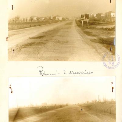 riproduzione di un rapporto fotografico del 1964 con due immagini della consolare Rimini San Marino. Nella prima foto si vede un cartello stradale indicante Rimini - Coriano e sullo sfondo le case che ora sono in via Dalla Chiesa. 