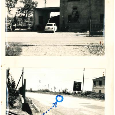 Riproduzione di una pagina del 1962 con 2 foto di via Verucchio. Nella prima si vedono i binari della ferrovia Rimini Novafeltria, dall'altro lato della strada un edificio con un auto e una moto nel cortile. Nella seconda la foto la carreggiata